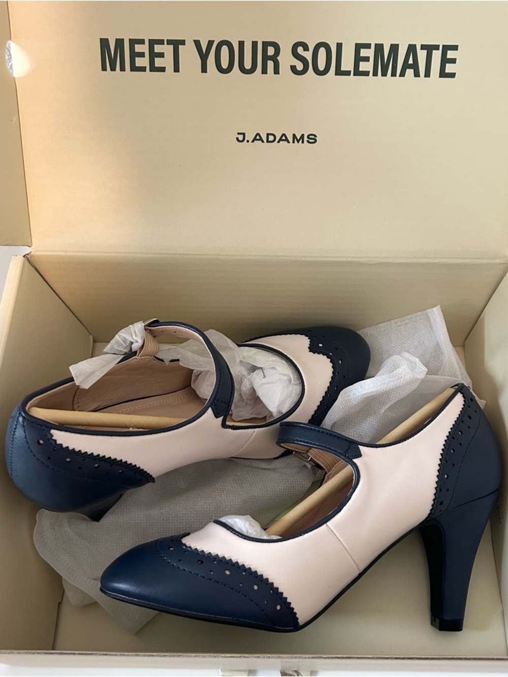 J. ADAMS KYM Two-Tone Navy and Cream Mary Jane Heels - SIZE 5.5